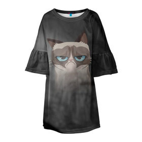 Детское платье 3D с принтом Grumpy Cat в Курске, 100% полиэстер | прямой силуэт, чуть расширенный к низу. Круглая горловина, на рукавах — воланы | Тематика изображения на принте: кот | мем | угрюмый