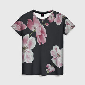 Женская футболка 3D с принтом Цветы на черном фоне в Курске, 100% полиэфир ( синтетическое хлопкоподобное полотно) | прямой крой, круглый вырез горловины, длина до линии бедер | растения | стиль | цветы