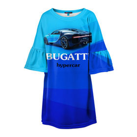 Детское платье 3D с принтом Bugatti hypercar в Курске, 100% полиэстер | прямой силуэт, чуть расширенный к низу. Круглая горловина, на рукавах — воланы | Тематика изображения на принте: bugatti | chiron | hypercar | бугатти | гиперкар | суперкар | широн