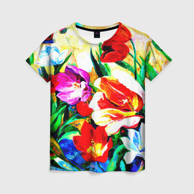Женская футболка 3D с принтом Тюльпаны в Курске, 100% полиэфир ( синтетическое хлопкоподобное полотно) | прямой крой, круглый вырез горловины, длина до линии бедер | букет | цветы | яркие