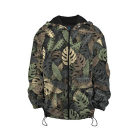 Детская куртка 3D с принтом Тропический камуфляж в Курске, 100% полиэстер | застежка — молния, подол и капюшон оформлены резинкой с фиксаторами, по бокам — два кармана без застежек, один потайной карман на груди, плотность верхнего слоя — 90 г/м2; плотность флисового подклада — 260 г/м2 | джунгли | камуфляж | листья | милитари | монстера | пальма | природа