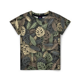 Детская футболка 3D с принтом Тропический камуфляж в Курске, 100% гипоаллергенный полиэфир | прямой крой, круглый вырез горловины, длина до линии бедер, чуть спущенное плечо, ткань немного тянется | джунгли | камуфляж | листья | милитари | монстера | пальма | природа