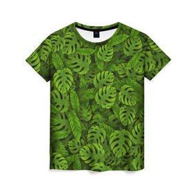 Женская футболка 3D с принтом Тропические листья в Курске, 100% полиэфир ( синтетическое хлопкоподобное полотно) | прямой крой, круглый вырез горловины, длина до линии бедер | джунгли | монстера | пальма | растения | тропики