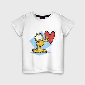 Детская футболка хлопок с принтом Гарфилд в Курске, 100% хлопок | круглый вырез горловины, полуприлегающий силуэт, длина до линии бедер | Тематика изображения на принте: гарфилд | знак | кот | мультфильм