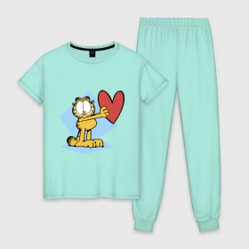 Женская пижама хлопок с принтом Гарфилд в Курске, 100% хлопок | брюки и футболка прямого кроя, без карманов, на брюках мягкая резинка на поясе и по низу штанин | гарфилд | знак | кот | мультфильм