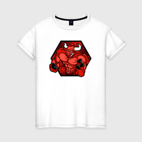 Женская футболка хлопок с принтом Мужикотавр в Курске, 100% хлопок | прямой крой, круглый вырез горловины, длина до линии бедер, слегка спущенное плечо | бодибилдинг