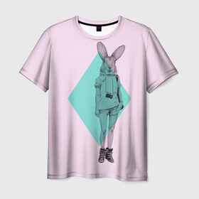 Мужская футболка 3D с принтом Pink Rabbit в Курске, 100% полиэфир | прямой крой, круглый вырез горловины, длина до линии бедер | Тематика изображения на принте: hipster | rabbit | swag | кролик | хипстер