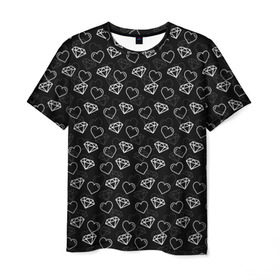 Мужская футболка 3D с принтом Сердца и Алмазы в Курске, 100% полиэфир | прямой крой, круглый вырез горловины, длина до линии бедер | бриллианты | паттерн | сердечки | черный фон