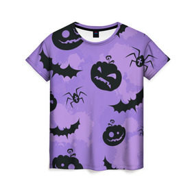 Женская футболка 3D с принтом Хэллоуин узор в Курске, 100% полиэфир ( синтетическое хлопкоподобное полотно) | прямой крой, круглый вырез горловины, длина до линии бедер | halloween | летучая мышь | паук | праздник | привидение | тыква | хэллоуин