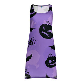 Платье-майка 3D с принтом Хэллоуин узор в Курске, 100% полиэстер | полуприлегающий силуэт, широкие бретели, круглый вырез горловины, удлиненный подол сзади. | halloween | летучая мышь | паук | праздник | привидение | тыква | хэллоуин