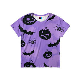 Детская футболка 3D с принтом Хэллоуин узор в Курске, 100% гипоаллергенный полиэфир | прямой крой, круглый вырез горловины, длина до линии бедер, чуть спущенное плечо, ткань немного тянется | Тематика изображения на принте: halloween | летучая мышь | паук | праздник | привидение | тыква | хэллоуин