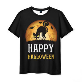 Мужская футболка 3D с принтом Чёрный кот в Курске, 100% полиэфир | прямой крой, круглый вырез горловины, длина до линии бедер | halloween | ведьма | кошка | праздник | привидение | тыква | хэллоуин