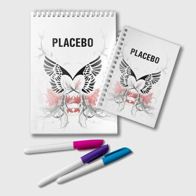 Блокнот с принтом Placebo в Курске, 100% бумага | 48 листов, плотность листов — 60 г/м2, плотность картонной обложки — 250 г/м2. Листы скреплены удобной пружинной спиралью. Цвет линий — светло-серый
 | Тематика изображения на принте: lacebo |  брайан молко | альтернатива. | пласибо | плацебо | плэйсебо | плэсибо | рок