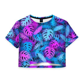 Женская футболка 3D укороченная с принтом Сине-розовые тропики в Курске, 100% полиэстер | круглая горловина, длина футболки до линии талии, рукава с отворотами | джунгли | листья | монстера | пальма | психоделический | текстура | тропики