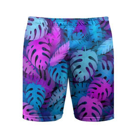 Мужские шорты 3D спортивные с принтом Сине-розовые тропики в Курске,  |  | джунгли | листья | монстера | пальма | психоделический | текстура | тропики