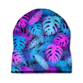 Шапка 3D с принтом Сине-розовые тропики в Курске, 100% полиэстер | универсальный размер, печать по всей поверхности изделия | джунгли | листья | монстера | пальма | психоделический | текстура | тропики