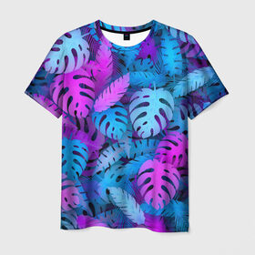 Мужская футболка 3D с принтом Сине-розовые тропики в Курске, 100% полиэфир | прямой крой, круглый вырез горловины, длина до линии бедер | Тематика изображения на принте: джунгли | листья | монстера | пальма | психоделический | текстура | тропики