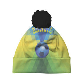 Шапка 3D c помпоном с принтом Бразилия в Курске, 100% полиэстер | универсальный размер, печать по всей поверхности изделия | бразилия | геометрия | игра | кубок | мяч | полигональный | спорт | футбол