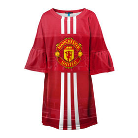Детское платье 3D с принтом Manchester United в Курске, 100% полиэстер | прямой силуэт, чуть расширенный к низу. Круглая горловина, на рукавах — воланы | Тематика изображения на принте: manchester | old | trafford | united | манчестер | юнайтед