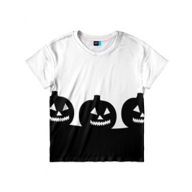 Детская футболка 3D с принтом Хэллоуин в Курске, 100% гипоаллергенный полиэфир | прямой крой, круглый вырез горловины, длина до линии бедер, чуть спущенное плечо, ткань немного тянется | монохромный | силуэт | тыквы