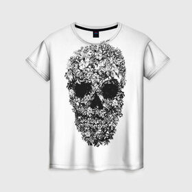 Женская футболка 3D с принтом Череп в Курске, 100% полиэфир ( синтетическое хлопкоподобное полотно) | прямой крой, круглый вырез горловины, длина до линии бедер | скелет. скилет | ужас | хеллоуин | череп. кости | черепушка | черно белый