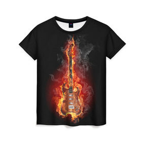 Женская футболка 3D с принтом Адская гитара в Курске, 100% полиэфир ( синтетическое хлопкоподобное полотно) | прямой крой, круглый вырез горловины, длина до линии бедер | ад | арт | дым | музыка | новинки | огонь | пламя | популярные | энергия | яркие