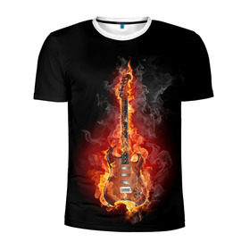 Мужская футболка 3D спортивная с принтом Адская гитара в Курске, 100% полиэстер с улучшенными характеристиками | приталенный силуэт, круглая горловина, широкие плечи, сужается к линии бедра | Тематика изображения на принте: ад | арт | дым | музыка | новинки | огонь | пламя | популярные | энергия | яркие