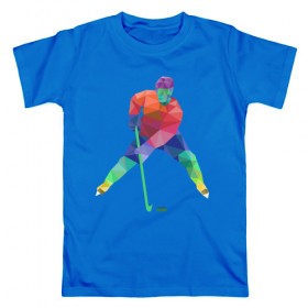 Мужская футболка хлопок с принтом Хоккеист в Курске, 100% хлопок | прямой крой, круглый вырез горловины, длина до линии бедер, слегка спущенное плечо. | геометрия | клюшка | полигонал | хл | хоккеист | шайба