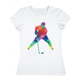 Женская футболка хлопок с принтом Хоккеист в Курске, 100% хлопок | прямой крой, круглый вырез горловины, длина до линии бедер, слегка спущенное плечо | геометрия | клюшка | полигонал | хл | хоккеист | шайба