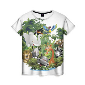 Женская футболка 3D с принтом Веселые джунгли в Курске, 100% полиэфир ( синтетическое хлопкоподобное полотно) | прямой крой, круглый вырез горловины, длина до линии бедер | животные | зоо | новинки | пальма | парк | яркие
