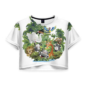 Женская футболка 3D укороченная с принтом Веселые джунгли в Курске, 100% полиэстер | круглая горловина, длина футболки до линии талии, рукава с отворотами | животные | зоо | новинки | пальма | парк | яркие