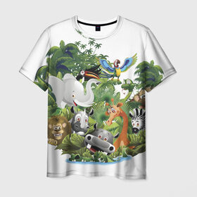 Мужская футболка 3D с принтом Веселые джунгли в Курске, 100% полиэфир | прямой крой, круглый вырез горловины, длина до линии бедер | Тематика изображения на принте: животные | зоо | новинки | пальма | парк | яркие