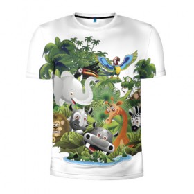 Мужская футболка 3D спортивная с принтом Веселые джунгли в Курске, 100% полиэстер с улучшенными характеристиками | приталенный силуэт, круглая горловина, широкие плечи, сужается к линии бедра | животные | зоо | новинки | пальма | парк | яркие