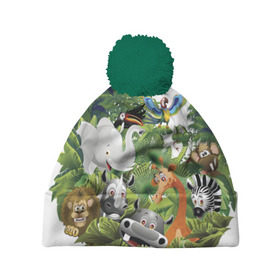 Шапка 3D c помпоном с принтом Веселые джунгли в Курске, 100% полиэстер | универсальный размер, печать по всей поверхности изделия | животные | зоо | новинки | пальма | парк | яркие