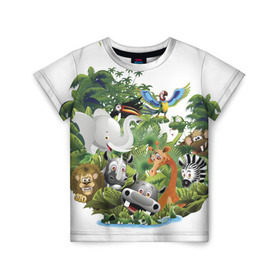Детская футболка 3D с принтом Веселые джунгли в Курске, 100% гипоаллергенный полиэфир | прямой крой, круглый вырез горловины, длина до линии бедер, чуть спущенное плечо, ткань немного тянется | животные | зоо | новинки | пальма | парк | яркие