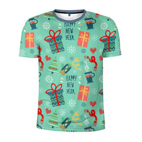Мужская футболка 3D спортивная с принтом Новый год от new.art.fox в Курске, 100% полиэстер с улучшенными характеристиками | приталенный силуэт, круглая горловина, широкие плечи, сужается к линии бедра | бирюзовый | новогодний | паттерн | подарки | рождество