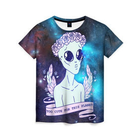 Женская футболка 3D с принтом cute alien в Курске, 100% полиэфир ( синтетическое хлопкоподобное полотно) | прямой крой, круглый вырез горловины, длина до линии бедер | alien. нло | cosmos | cute | sky | tmblr | tumbler | инопланетянин | космос | мило