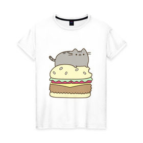 Женская футболка хлопок с принтом Котик с бургером в Курске, 100% хлопок | прямой крой, круглый вырез горловины, длина до линии бедер, слегка спущенное плечо | бургер | еда | животные | кот
