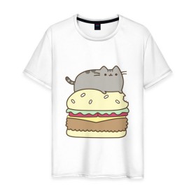 Мужская футболка хлопок с принтом Котик с бургером в Курске, 100% хлопок | прямой крой, круглый вырез горловины, длина до линии бедер, слегка спущенное плечо. | Тематика изображения на принте: бургер | еда | животные | кот