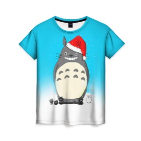 Женская футболка 3D с принтом Тоторо под снегом в Курске, 100% полиэфир ( синтетическое хлопкоподобное полотно) | прямой крой, круглый вырез горловины, длина до линии бедер | totoro | аниме | новогодние аниме | новый год | рождественские аниме | тоторо