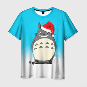 Мужская футболка 3D с принтом Тоторо под снегом в Курске, 100% полиэфир | прямой крой, круглый вырез горловины, длина до линии бедер | Тематика изображения на принте: totoro | аниме | новогодние аниме | новый год | рождественские аниме | тоторо