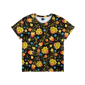 Детская футболка 3D с принтом Хохлома в Курске, 100% гипоаллергенный полиэфир | прямой крой, круглый вырез горловины, длина до линии бедер, чуть спущенное плечо, ткань немного тянется | Тематика изображения на принте: голубые | девушкам | желтые | красные | цветы