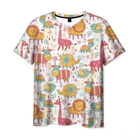 Мужская футболка 3D с принтом Детские рисунки в Курске, 100% полиэфир | прямой крой, круглый вырез горловины, длина до линии бедер | дети | животные | жираф | лев | птица | рисунок | слон | фауна | черепаха