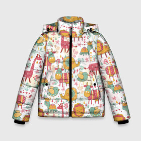 Зимняя куртка для мальчиков 3D Детские рисунки: в Курске, ткань верха — 100% полиэстер; подклад — 100% полиэстер, утеплитель — 100% полиэстер | длина ниже бедра, удлиненная спинка, воротник стойка и отстегивающийся капюшон. Есть боковые карманы с листочкой на кнопках, утяжки по низу изделия и внутренний карман на молнии. 

Предусмотрены светоотражающий принт на спинке, радужный светоотражающий элемент на пуллере молнии и на резинке для утяжки | Тематика изображения на принте: дети | животные | жираф | лев | птица | рисунок | слон | фауна | черепаха