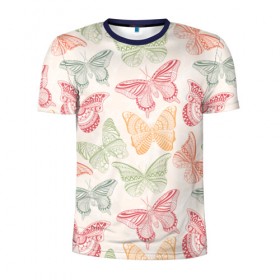 Мужская футболка 3D спортивная с принтом Узор из бабочек в Курске, 100% полиэстер с улучшенными характеристиками | приталенный силуэт, круглая горловина, широкие плечи, сужается к линии бедра | акварель | бабочка | весна | мозаика | насекомые | рисунок | трайбл | узор | этно