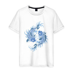 Мужская футболка хлопок с принтом Японские карпы Кои в Курске, 100% хлопок | прямой крой, круглый вырез горловины, длина до линии бедер, слегка спущенное плечо. | Тематика изображения на принте: вода | зодиак | карп | кои | рыба | япония