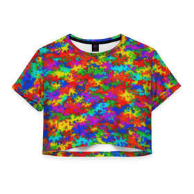 Женская футболка 3D укороченная с принтом Радужный камуфляж в Курске, 100% полиэстер | круглая горловина, длина футболки до линии талии, рукава с отворотами | dye | tie | tie dye | краска | милитари | радуга | тай дай | текстура | цвет