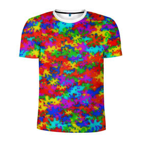 Мужская футболка 3D спортивная с принтом Радужный камуфляж в Курске, 100% полиэстер с улучшенными характеристиками | приталенный силуэт, круглая горловина, широкие плечи, сужается к линии бедра | dye | tie | tie dye | краска | милитари | радуга | тай дай | текстура | цвет