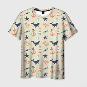 Мужская футболка 3D с принтом Морской узор в Курске, 100% полиэфир | прямой крой, круглый вырез горловины, длина до линии бедер | буй | вода | звезда | кит | коралл | маяк | мозаика | море | океан | песок | ракушка | узор | якорь