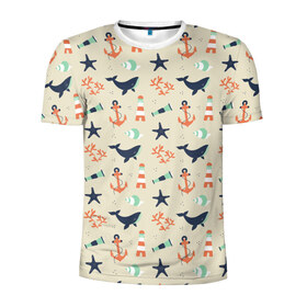 Мужская футболка 3D спортивная с принтом Морской узор в Курске, 100% полиэстер с улучшенными характеристиками | приталенный силуэт, круглая горловина, широкие плечи, сужается к линии бедра | буй | вода | звезда | кит | коралл | маяк | мозаика | море | океан | песок | ракушка | узор | якорь